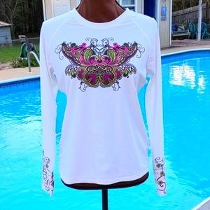 Athleta White Active/Sport Long Sleeve Top with Dragonfly Graphix